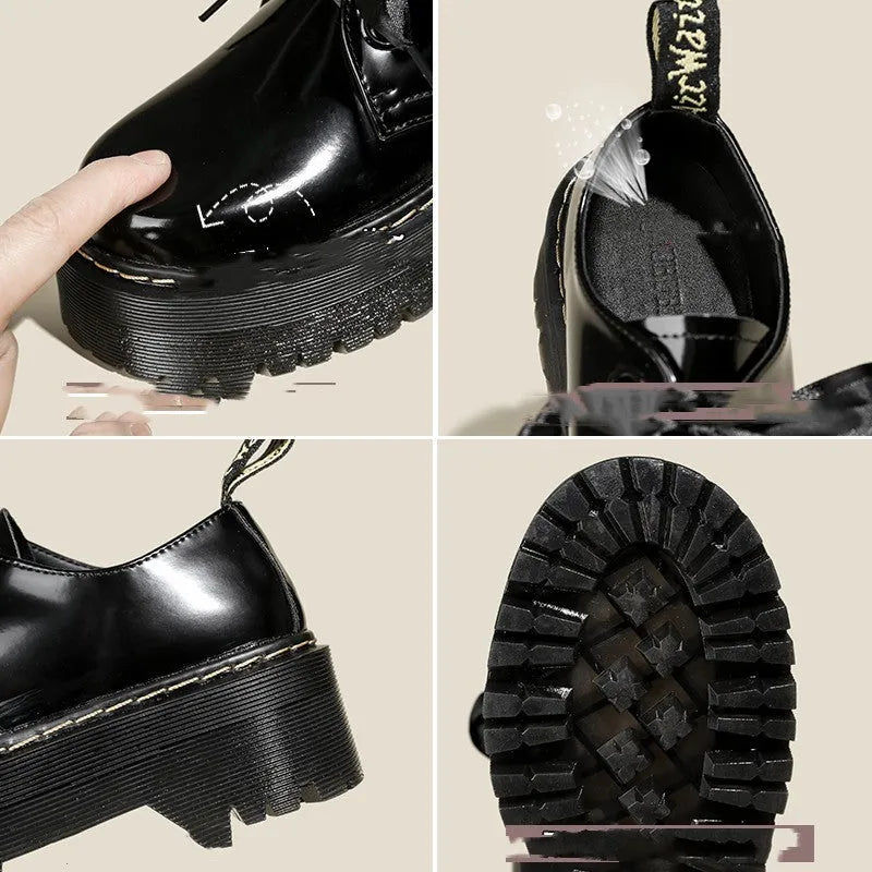 Women's black leather lace-up shoes with thick soles and cross-strap ribbons on the upper.