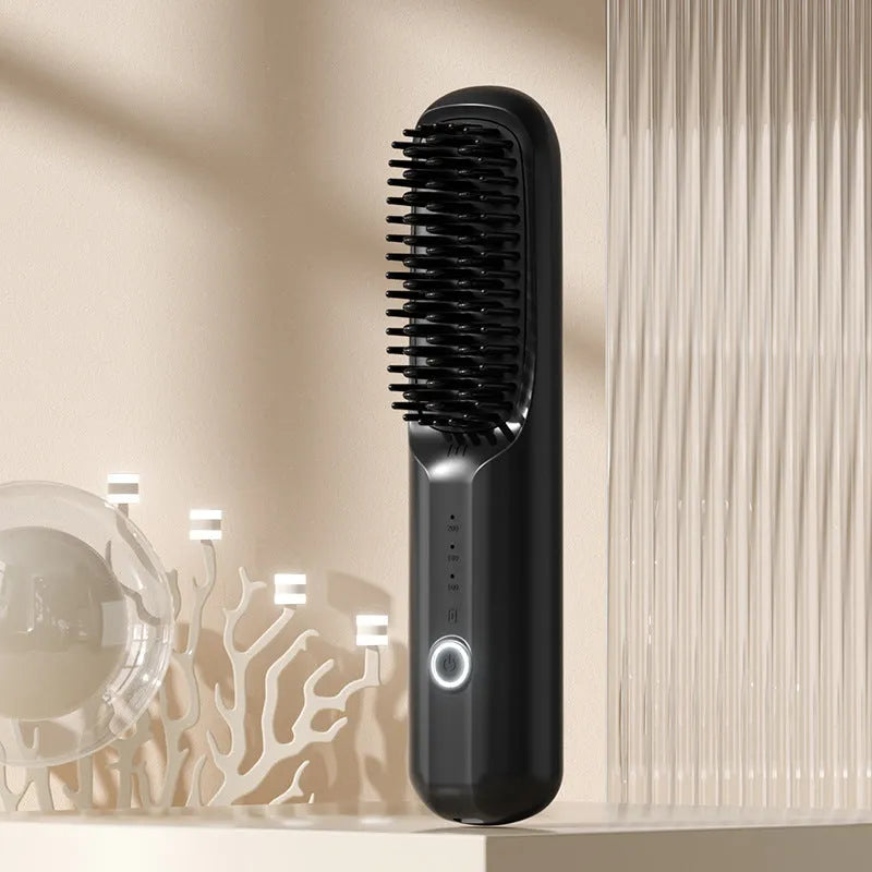 Beige white anion wireless straightening comb with USB-C charging port.