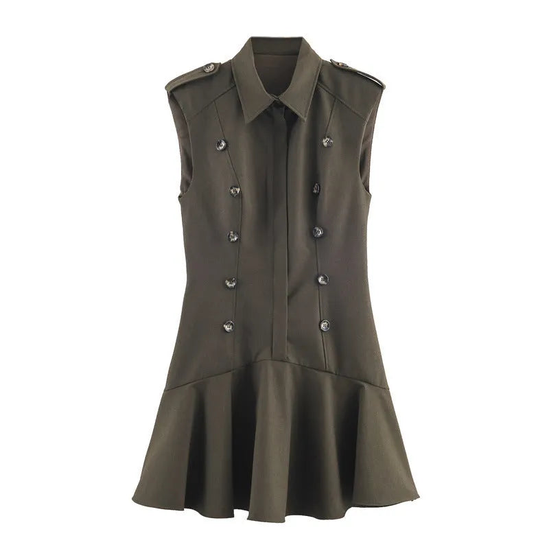 Women's Short Dress with Padded Shoulder Laminated Decoration Asymmetric Pleated Plaid Mid Waist Long Sleeve Nylon European American Style for Commute Temperament Size XS to L
