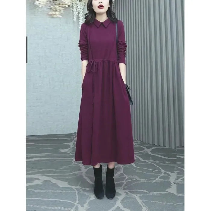 Purplish red plus size long sleeve midi dress for women's autumn winter commuting