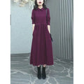 Purplish red plus size long sleeve midi dress for women's autumn winter commuting