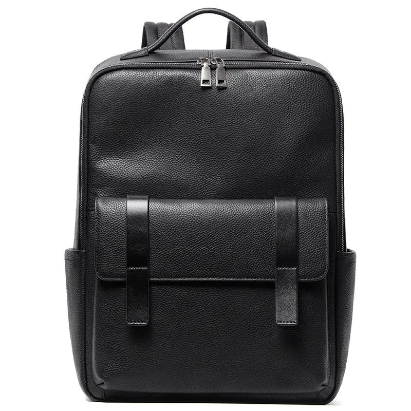 Black litchi grain men's genuine leather computer backpack with large capacity and business design