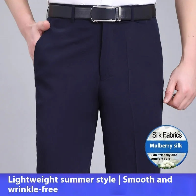 Men's straight leg business trousers in mulberry silk blend fabric with high waist design