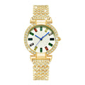 Gold quartz bracelet watch with round dial and alloy band on white background
