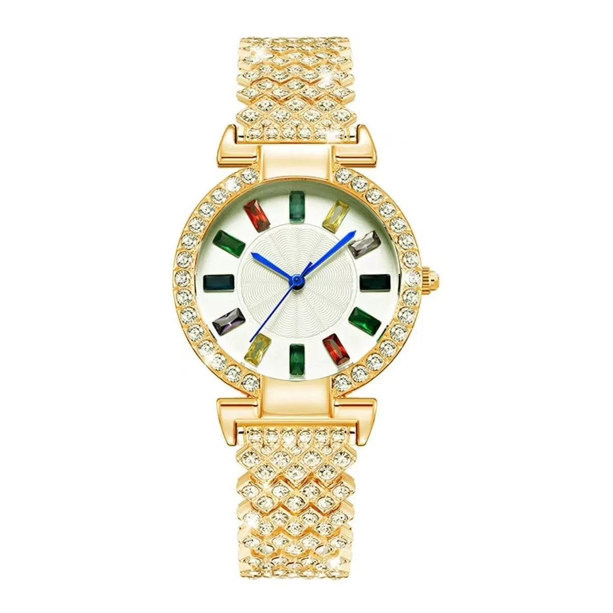 Gold quartz bracelet watch with round dial and alloy band on white background