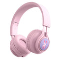 Purple wireless children's headphones with RGB bunny design showing battery display.