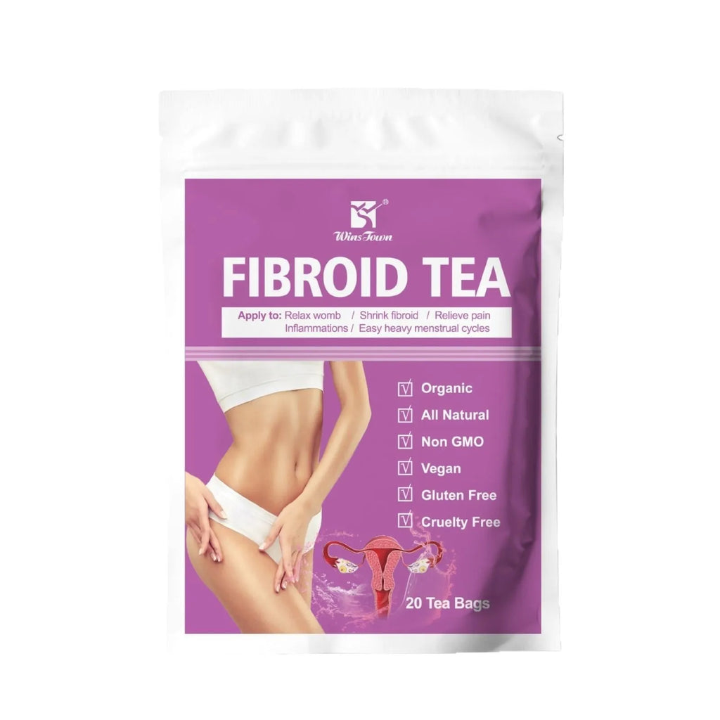 Pack of herbal fibroid tea bags with C83 Winstown packaging for cold extract brewing.