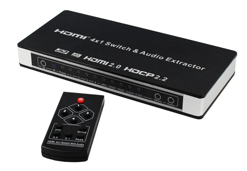 Black HDMI audio video switch unit with remote control for four input sources.