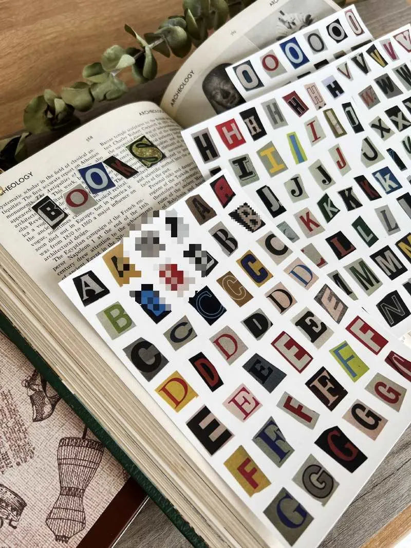 English letters and numbers symbol label stickers showing full alphabet sets and weekly words in cute style