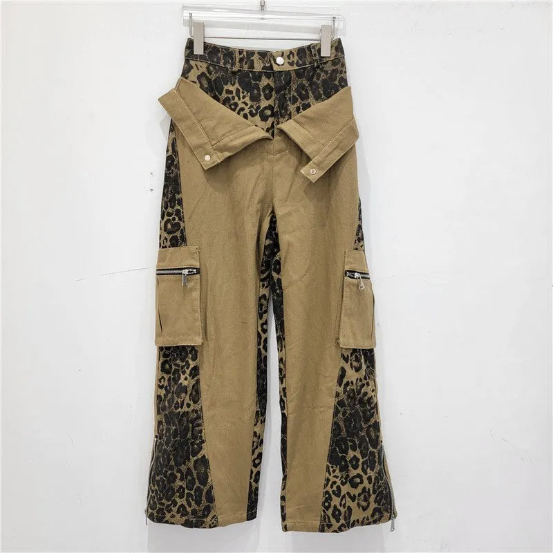 Women's dark khaki leopard print high waist jeans with straight leg cut and tooling style details