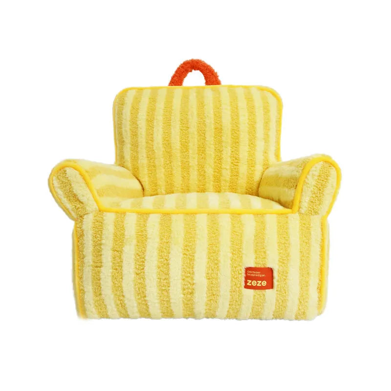 Striped orange soft velvet pet bed with a removable cover, shown as a structured pet house.