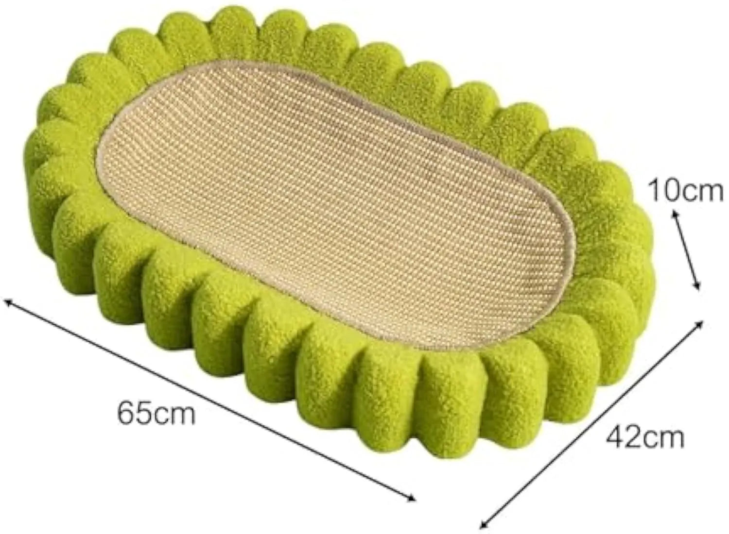 Green oval cat scratch pad bowl with sisal scratching surface serving as cat bed and furniture protector