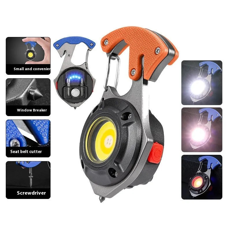 Compact multifunctional keychain flashlight showing light modes, window breaking hammer, screwdriver, and keyring attachment.