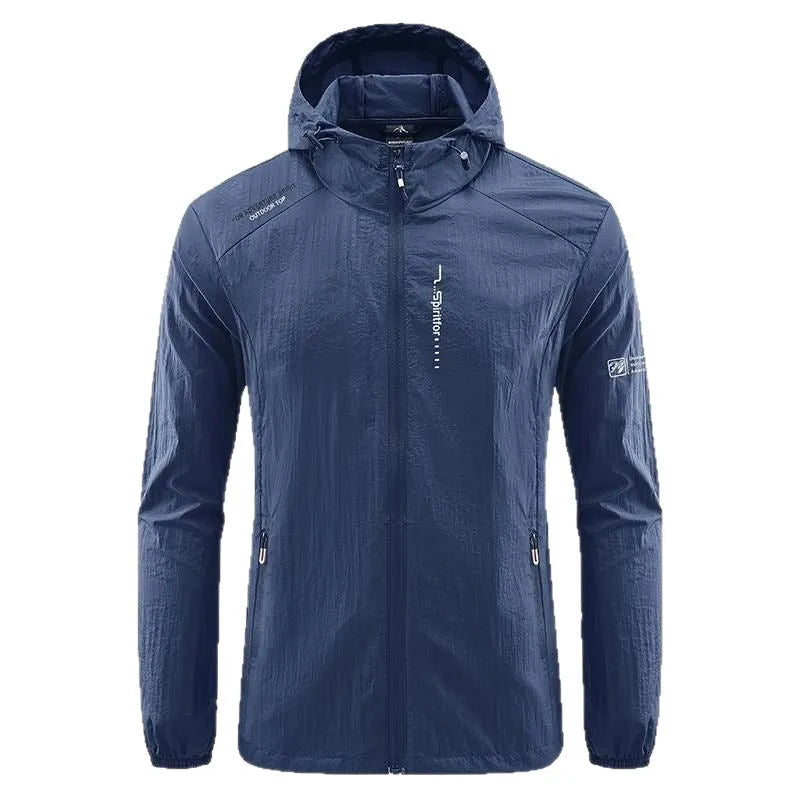 Men's lightweight grey summer hooded jacket on a hanger