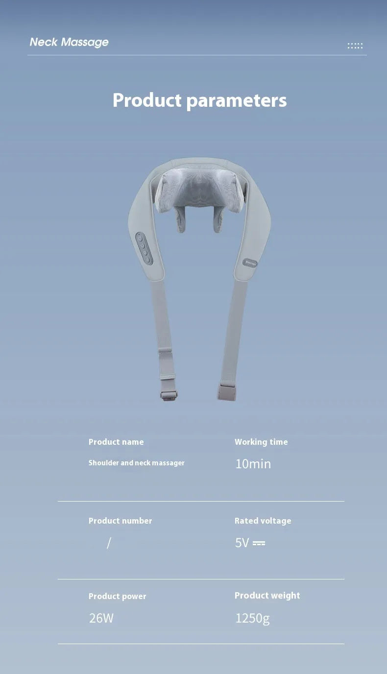 Grey elastic fabric neck and back massager with infrared physiotherapy function and USB charging port