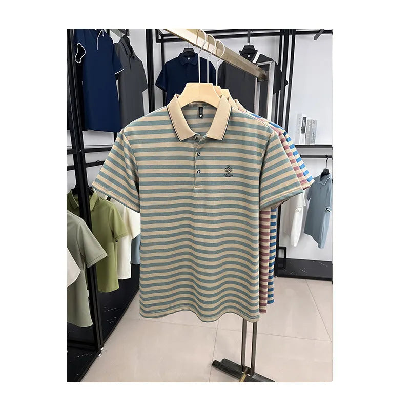Men's striped casual short sleeve polyester t-shirt with mosaic pattern in red, blue, or green