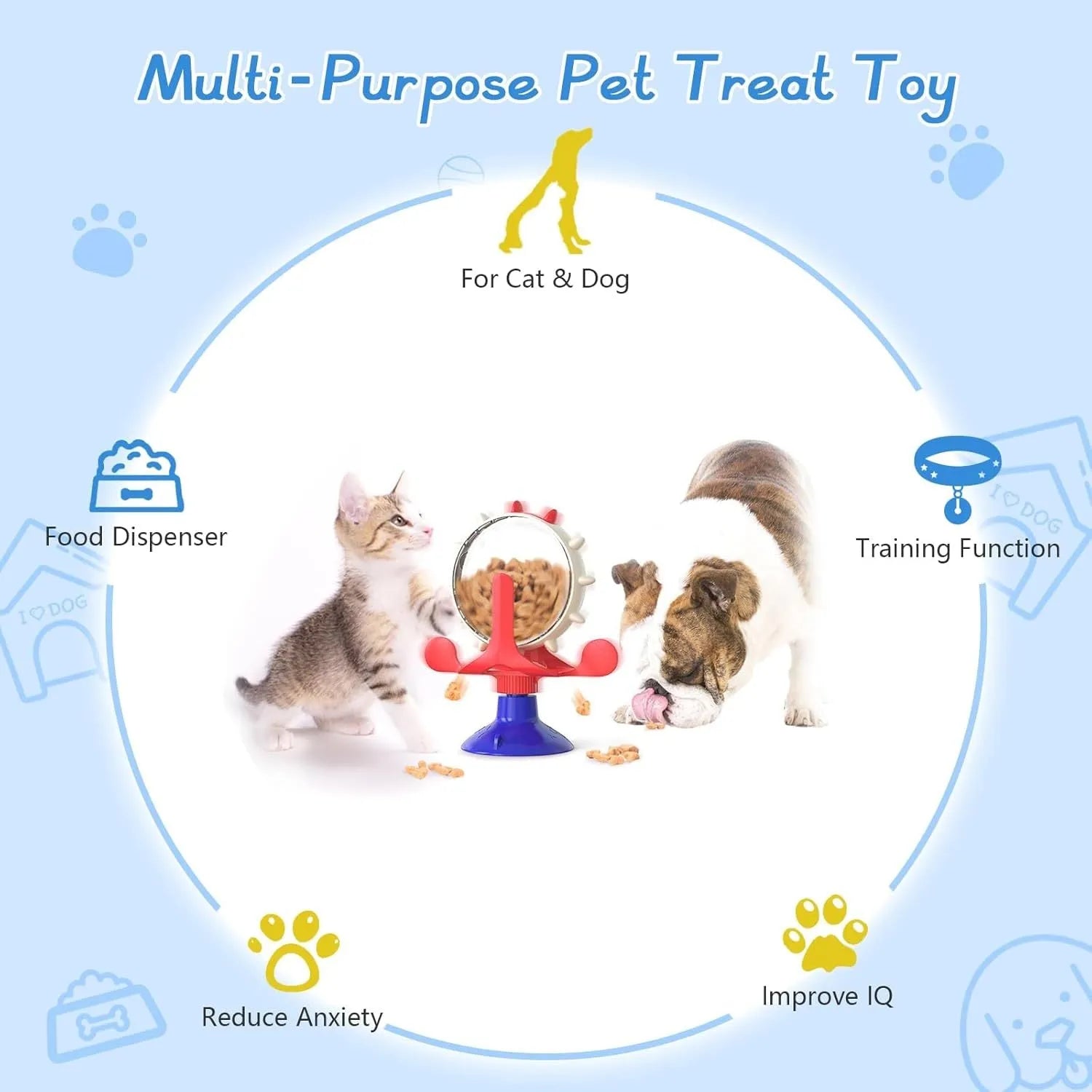 Interactive pet puzzle feeder toy with rotating dispenser in blue, green, red, or yellow colours