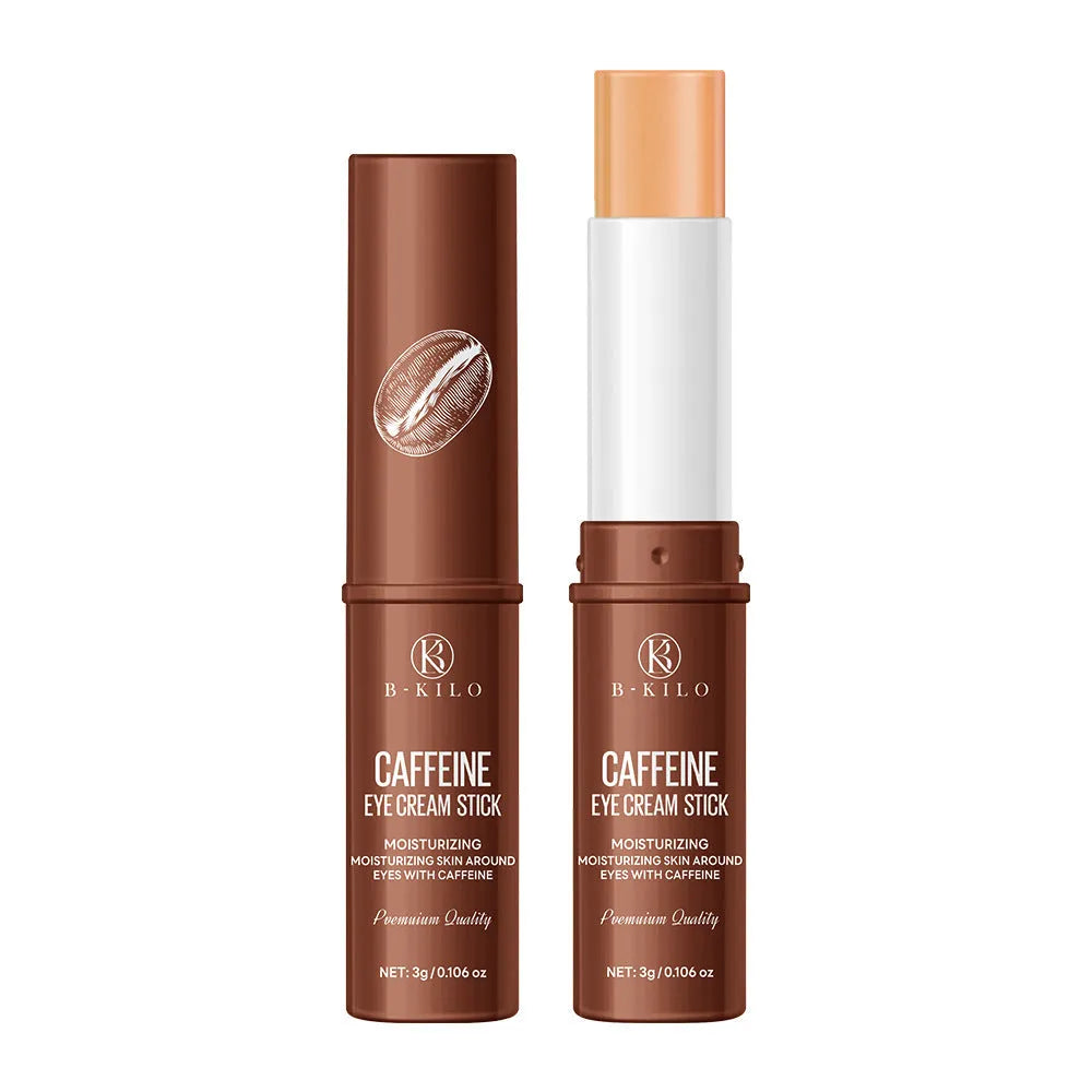 Caffeine eye cream stick in packaging, 3g net content for hydrating and reducing fine lines and dark circles.