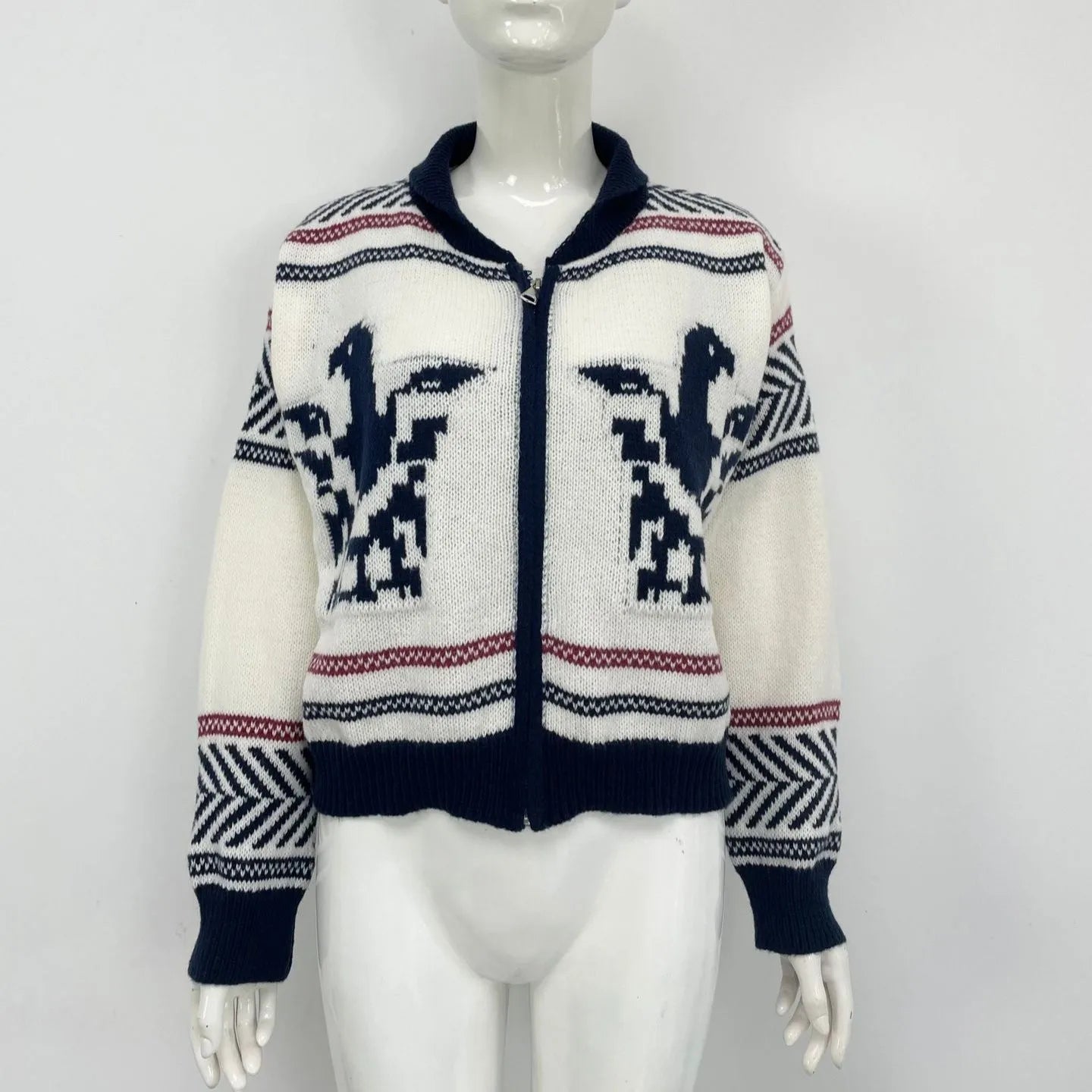 White women's zip cardigan with lapel collar and black contrast stripes, front zip closure