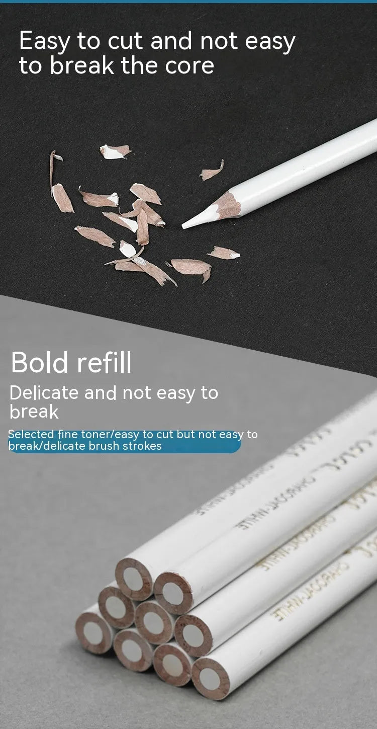 Three white charcoal highlighting pencils in wooden barrels for sketching and drawing
