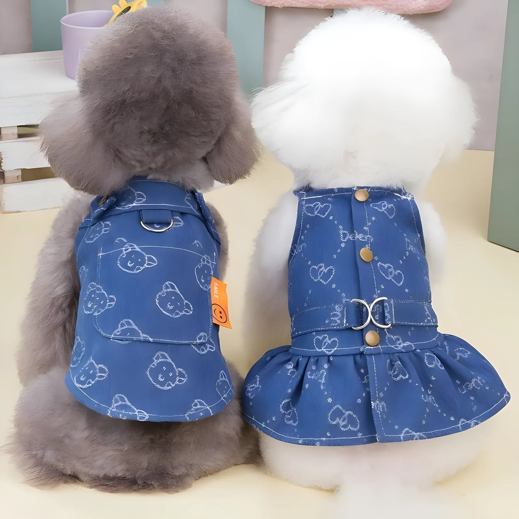 Denim princess dress for small dogs in bracket-skirt and bracket-T styles