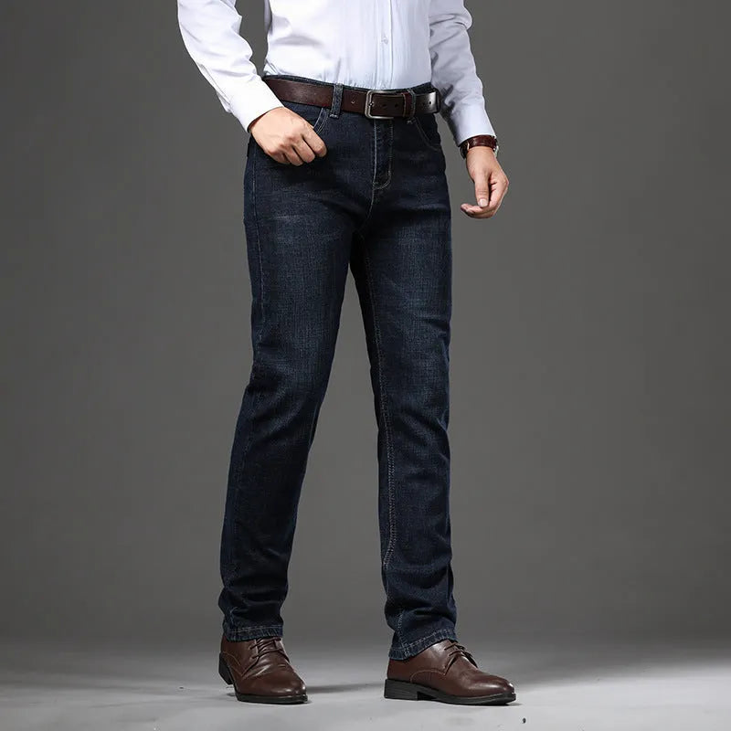 Women's stretch denim straight-leg trousers in black or blue available in plus sizes