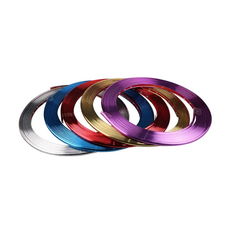 Electroplated purple PVC wheel hub trim stickers showing 8-metre anti-collision strip roll