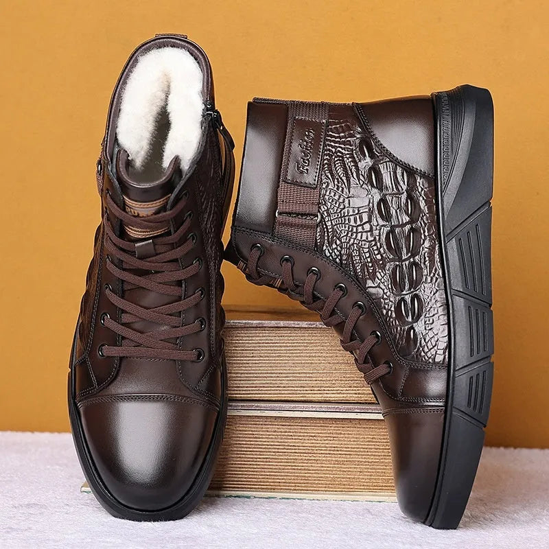 Black and brown velvet style snow boots with genuine leather upper and fur lining