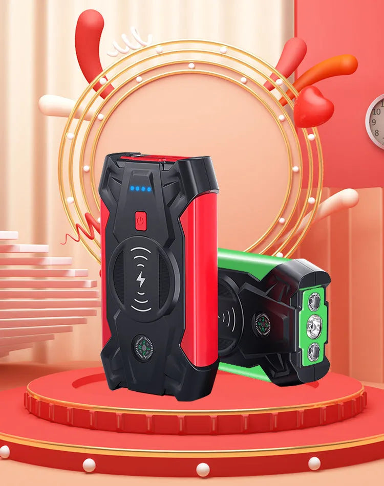 Red car emergency battery starter with digital display and air pump accessory