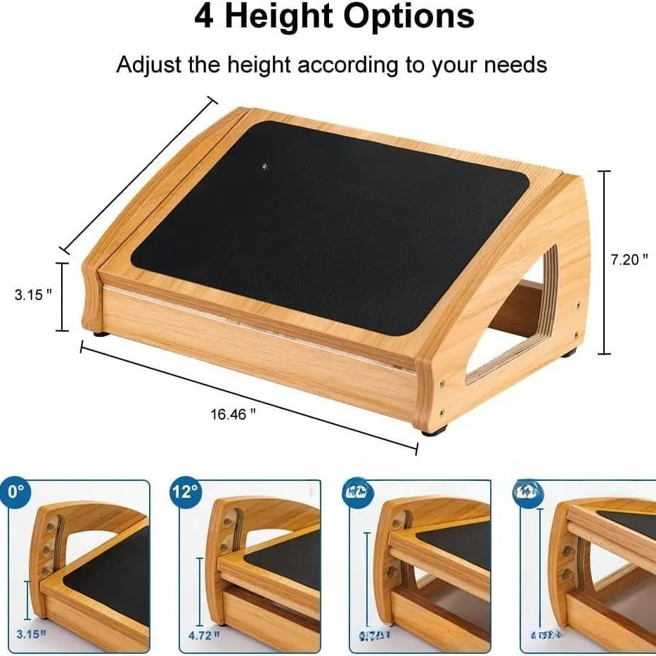 Adjustable bamboo office desk footstool in natural wood colour on a floor.