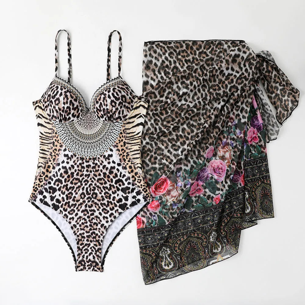 Women's leopard print one-piece swimsuit with mesh dress and pants set tight backless style