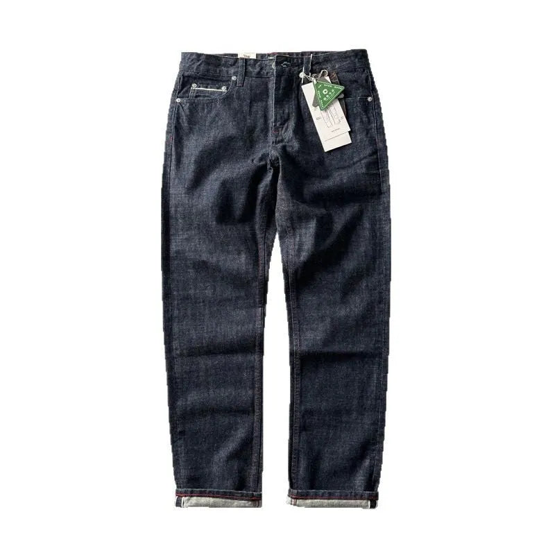 Men's straight-leg denim trousers in primary colour with American retro styling and mid-waist design