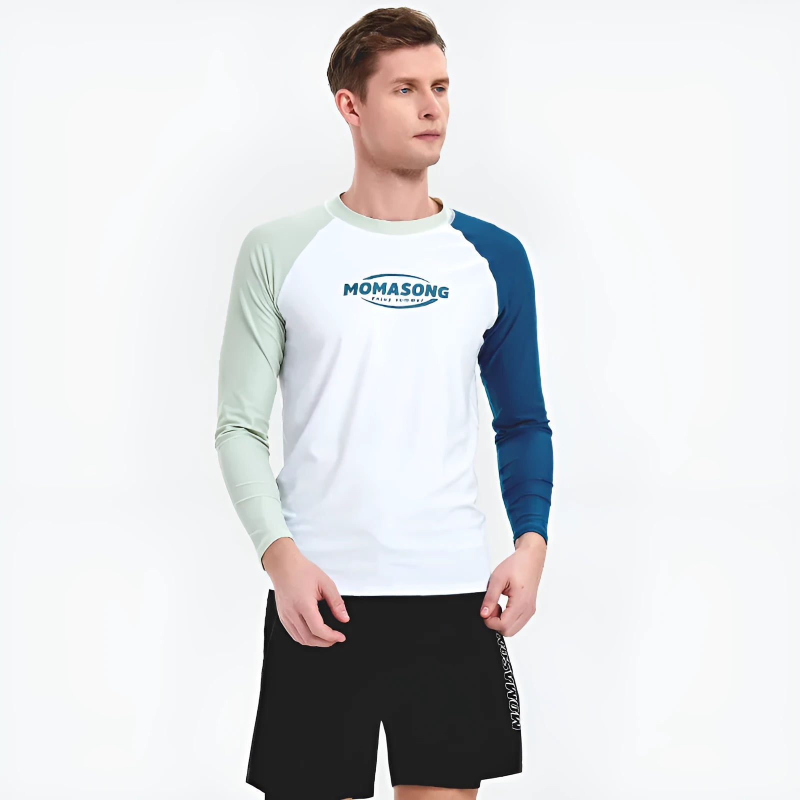 Men's white long sleeve swim top with matching colour-blocked swimming trousers