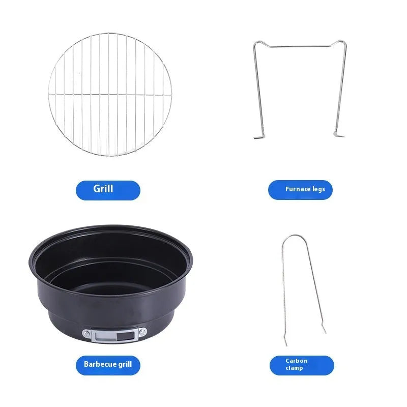 Small round folding ice stove barbecue grill with mesh, leg, and components for 1-2 people