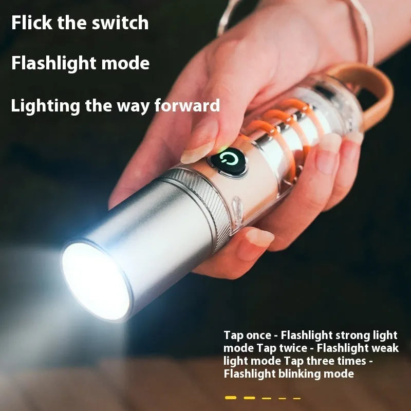 Orange and beige multifunctional flashlight with magnetic hook and optical zoom lens.