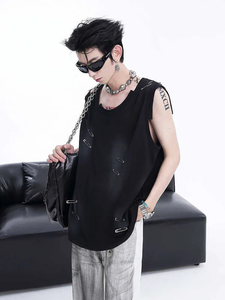 Men's black waistcoat vest with ripped irregular cutting detail, round neck, and sleeveless t-shirt style.