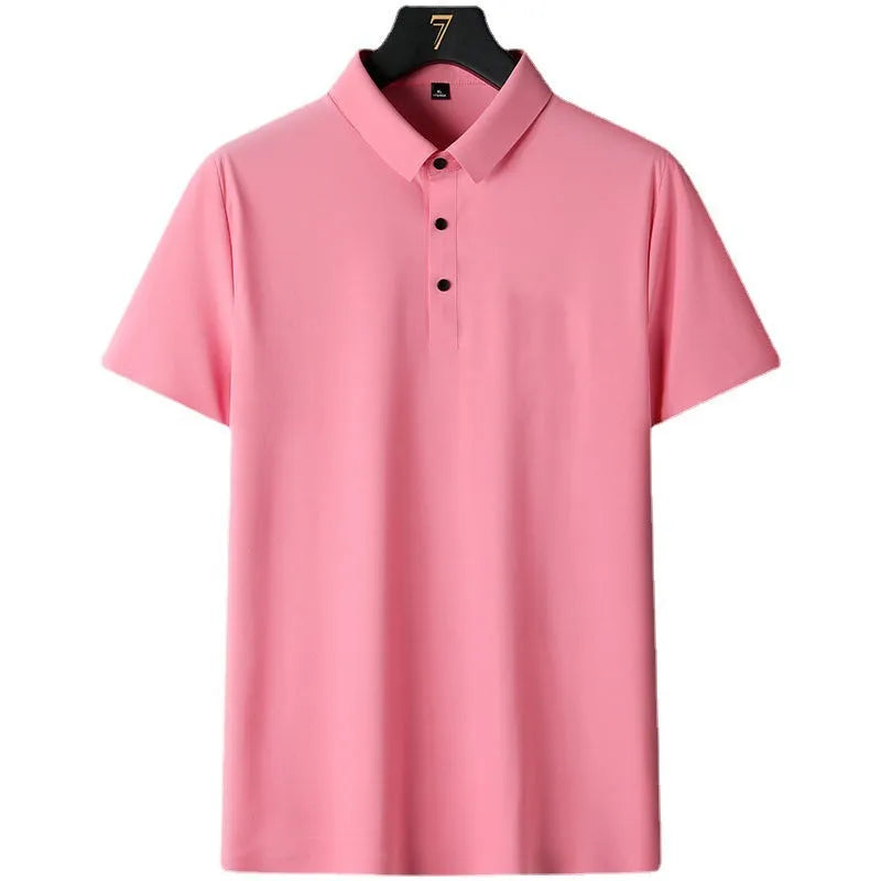 Men's solid colour short sleeve non-ironing business shirt on a hanger.
