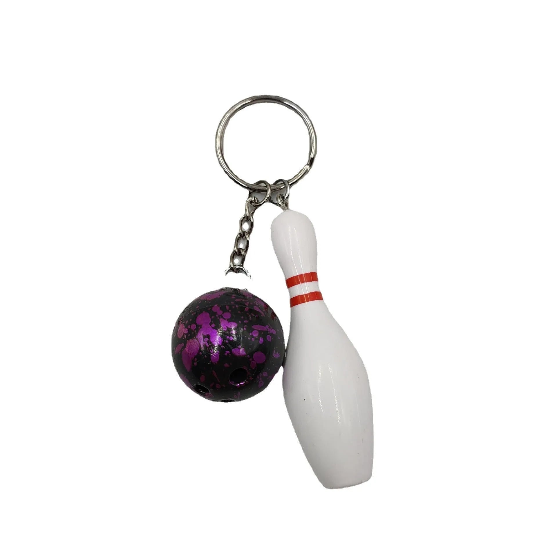 Mini bowling ball simulation keychain in blue, red, purple, and green colours.