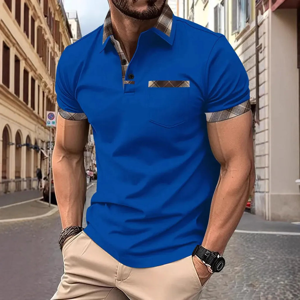 Men's loose fit short sleeve t-shirt with colourblock plaid pattern in polyester fabric