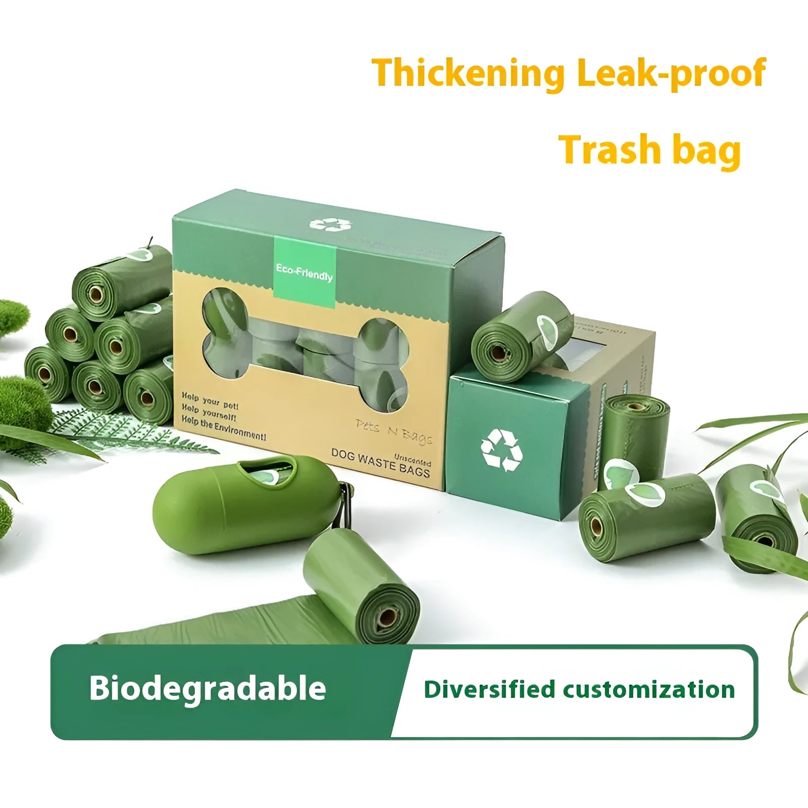 EPI degradable thickened pet waste bags on a roll, showing green colour variant next to a dispenser.