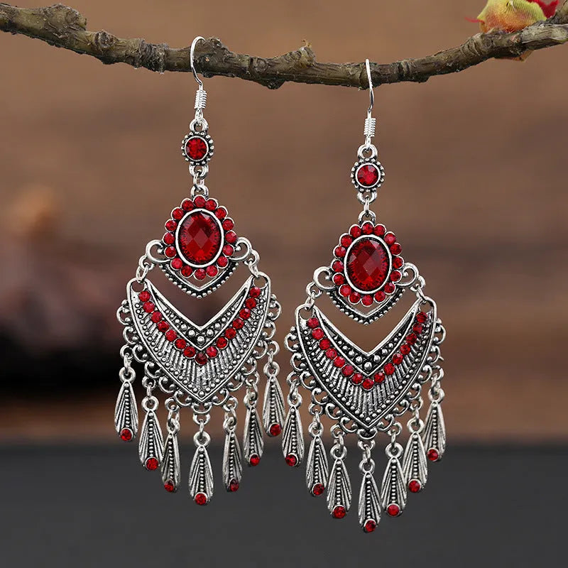 Purple retro fringe earrings with crystal drops and ethnic styling
