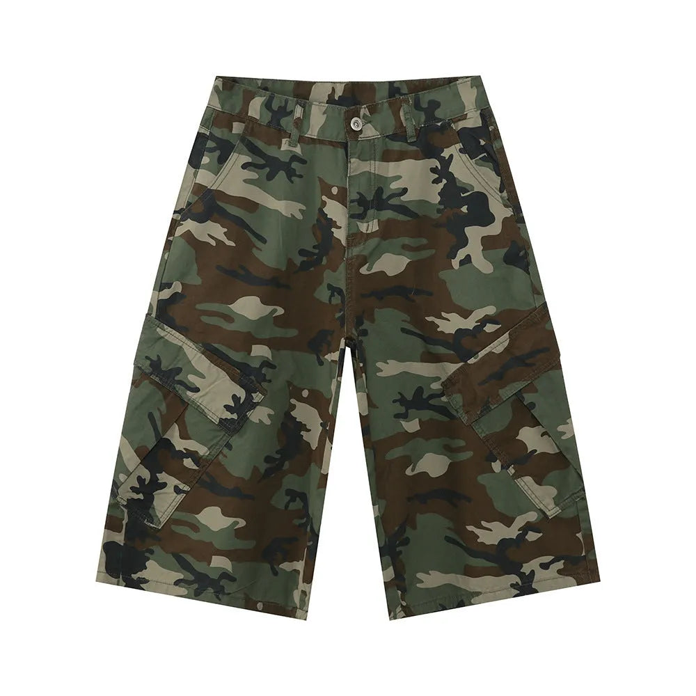 Men's camouflage wide leg cotton jeans with side stitching and large pockets