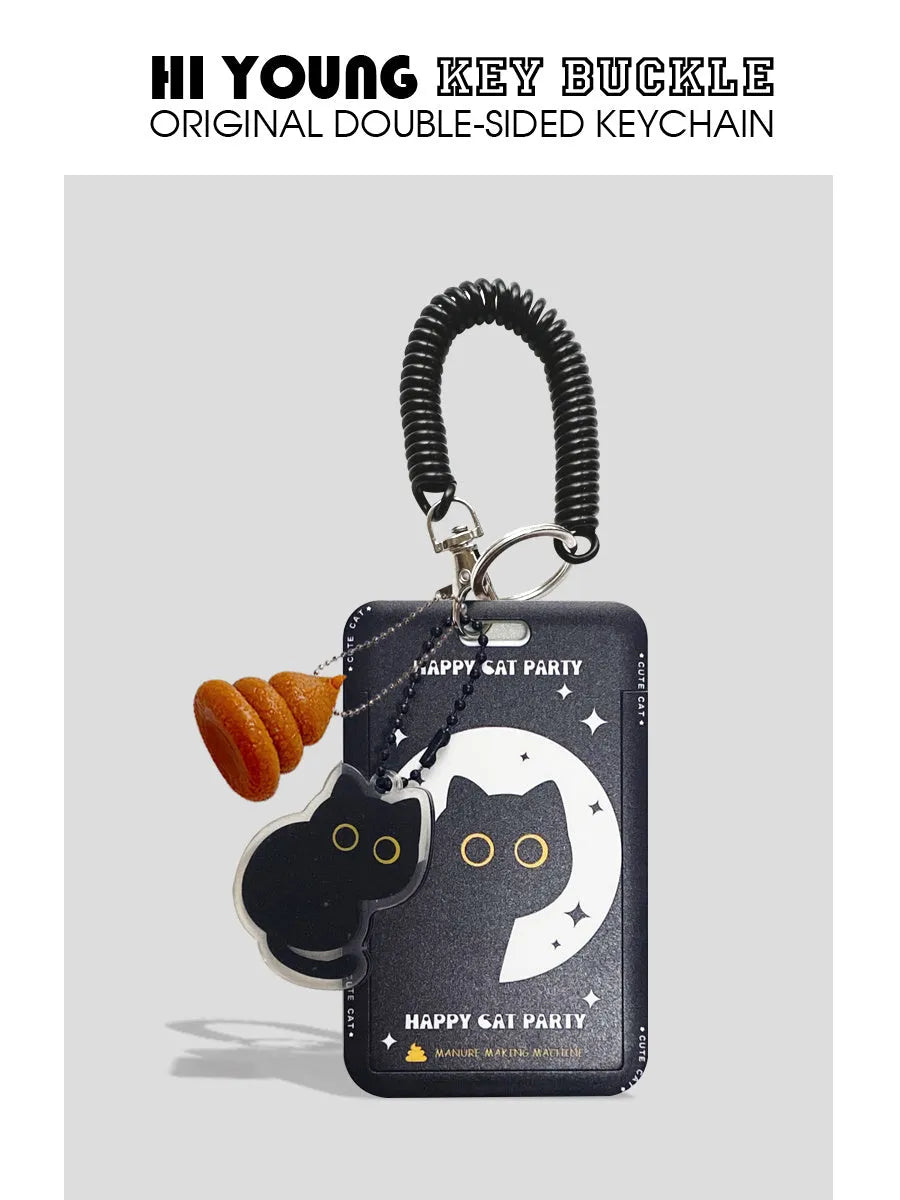 Cartoon little black cat design plastic card holder with ferrule pendant attachment for student ID and transport cards