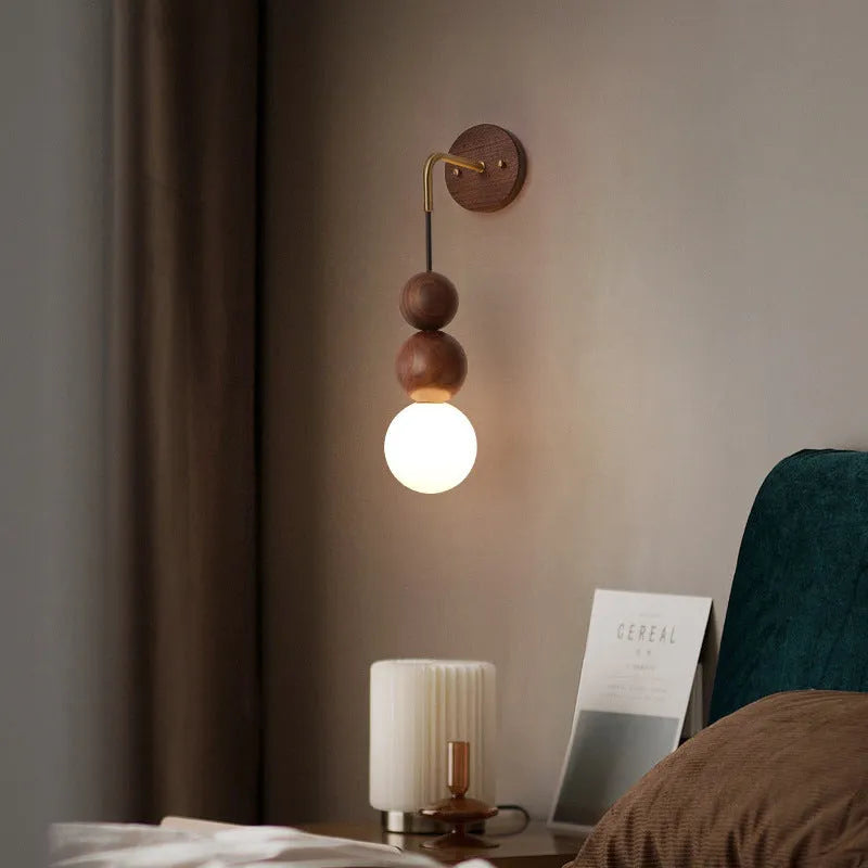 Wood copper wall lamp with walnut finish and tricolour LED lighting, 10cm diameter