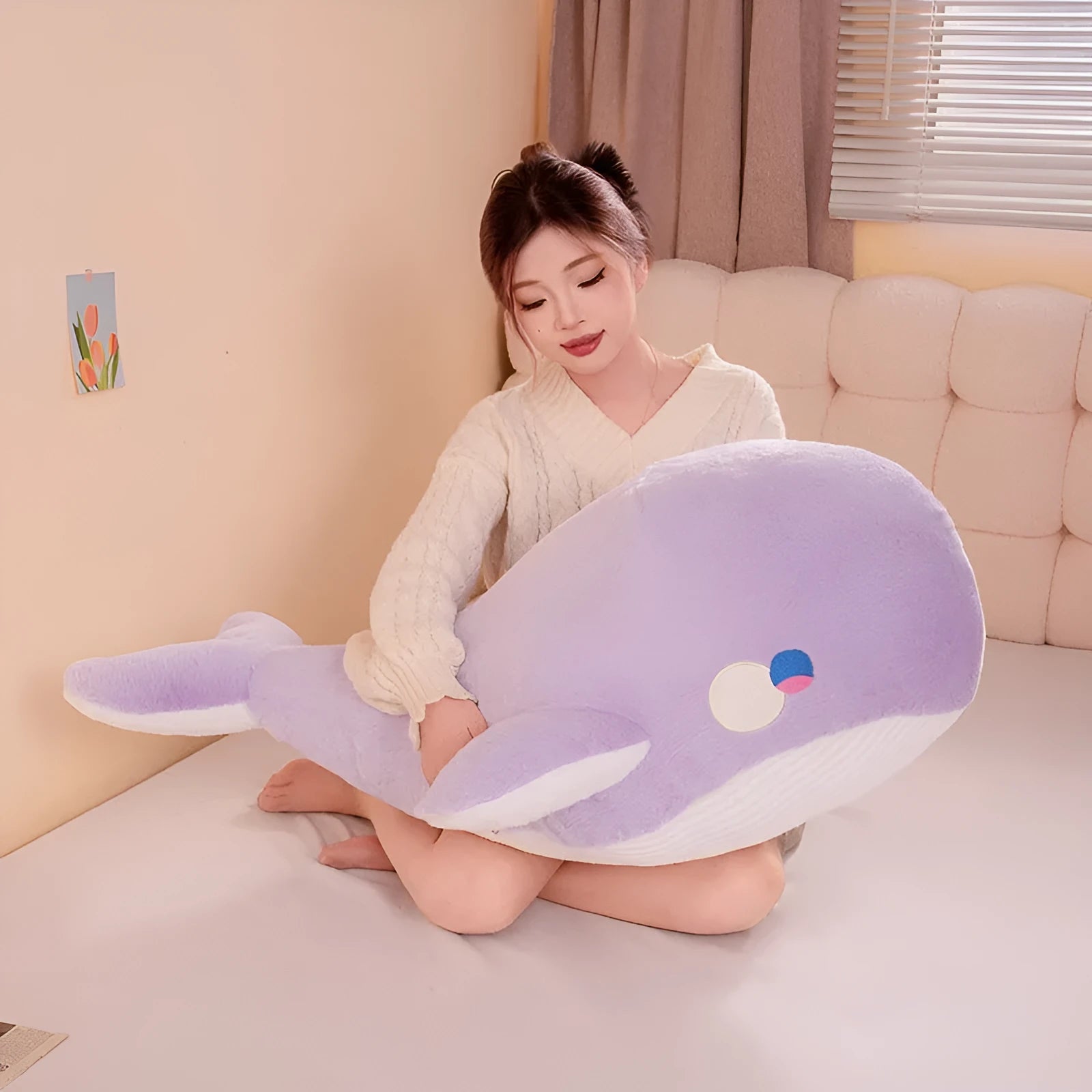Soft pink whale plush toy in 60cm size on a white background