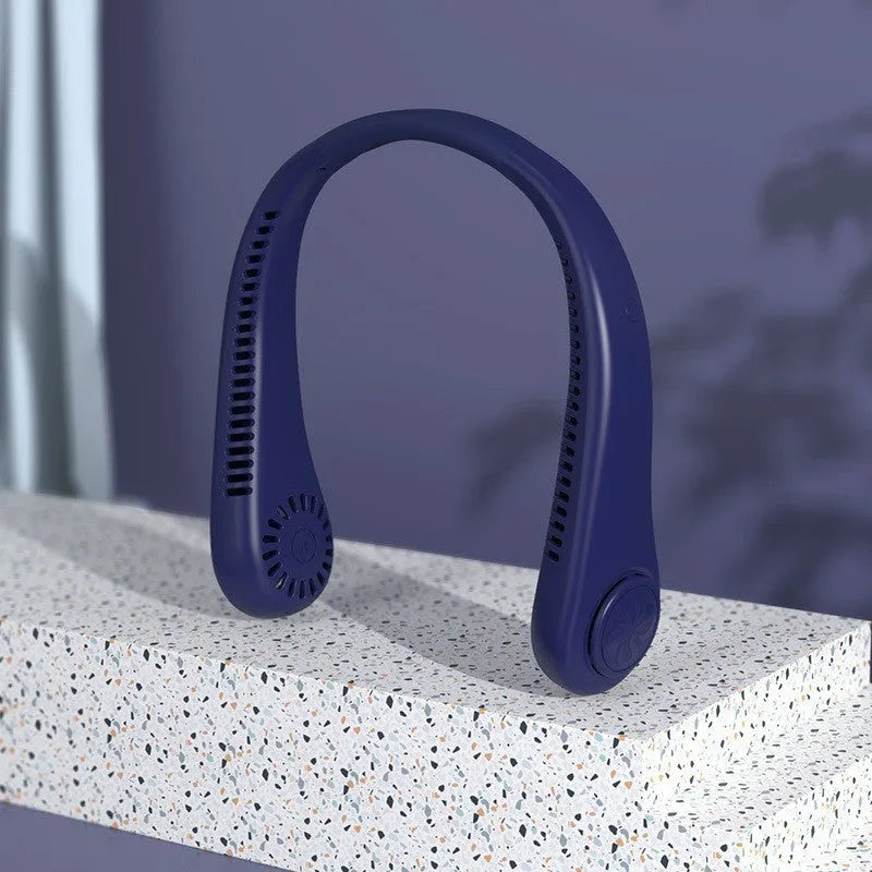 Pink USB rechargeable bladeless neck fan hanging with flexible neckband.