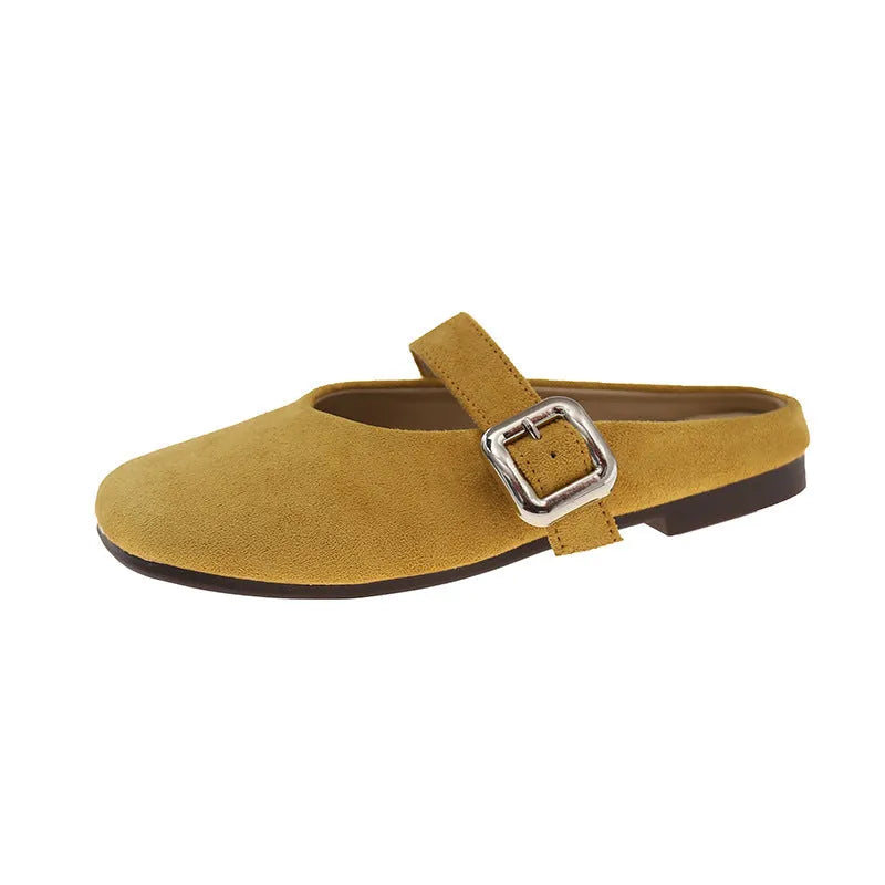 Women's flat square head slippers in apricot colour, showing closed toe and rubber sole.