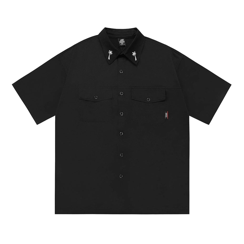 Men's black cotton blend pocket shirt with half sleeves and chest pocket
