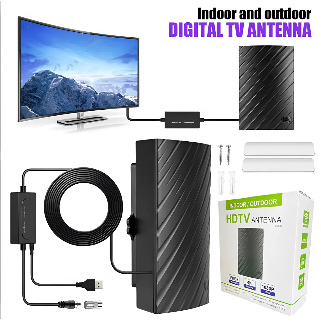 Black plastic HD digital television antenna with mounting hardware including expansion tubes, screws, cable ties, and adhesive tape
