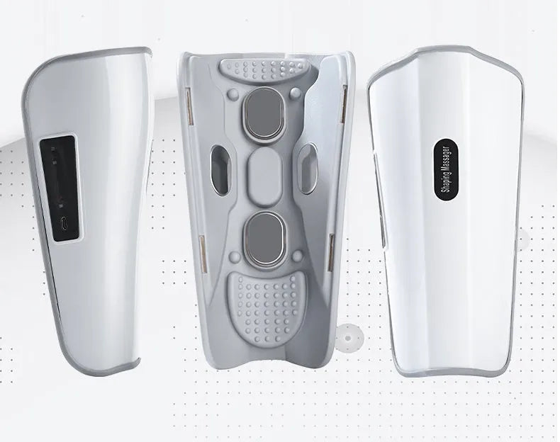 White plastic calf massager with mechanical controls for infrared and electrotherapy pulse functions.